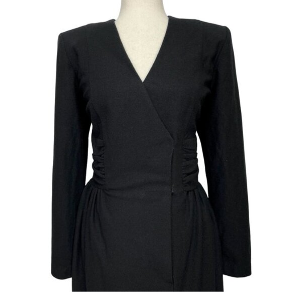 Leslie Lucks Vintage 80s Wool Blend Black Faux Wrap Midi Dress Size 12 - Picture 3 of 9